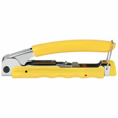 Spring-loaded compression tool for installing coaxial cable connectors on RG59, RG6, and 6Q cables. Overall length of 5 5/8 inches. Suitable for use with BNC, F, and RCA connector types in applications such as cable TV, security camera, and audio/video installations.
