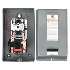 Enclosed non-reversing magnetic motor starter with thermal overload protection. Rated 40 A, 2 poles, 120V AC coil. Requires one thermal unit (not included). Suitable for controlling and protecting motors in applications such as HVAC, refrigeration, and industrial equipment.