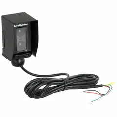 This monitored retro reflective photo eye is designed for use with gate operators. It operates at 6.8V DC and features a black polyethylene housing with mounting brackets. The unit combines transmitter and receiver in one housing, reflecting infrared light off a reflector to detect obstructions in the gate's path.