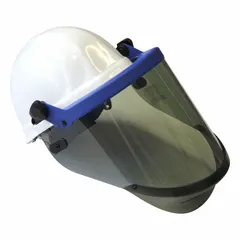 This Category 2 hard hat face shield features a polycarbonate visor and headgear, meeting ANSI Z87 standards. It is designed for protection against impact and arc flash hazards in industrial environments such as electrical maintenance, manufacturing, and utilities.
