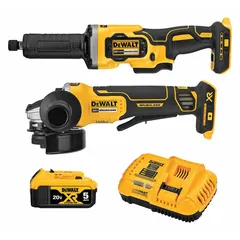 This cordless tool combination kit includes a 20 V DC angle grinder and a 20 V DC die grinder, both part of the 20V MAX* XR® platform. The angle grinder handles cutting, grinding, and surface preparation, while the die grinder is suited for precision grinding and finishing in metalworking and fabrication tasks.