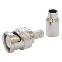 Male BNC coaxial connector with silver finish and nickel-plated body. Crimp-on (3 piece) design for secure termination of coaxial cables. Suitable for video, RF, and data transmission applications. Sold in a 10-pack.