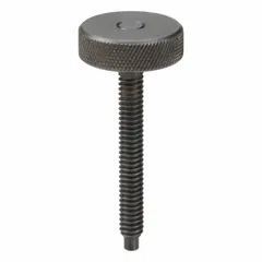 This hand knob screw features a knurled head for manual tightening and a dog-point tip for precise alignment. It is used for clamping, positioning, or locking in jigs, fixtures, and workholding setups. Thread size is #10-32 with a 1 3/8 in thread length.