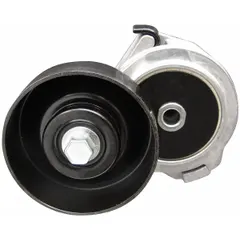 Self-adjusting belt tensioner with one pulley, 3 1/2 in outside diameter. Maintains proper tension on engine accessory drive belts to prevent slippage and wear. Suitable for automotive and light industrial applications.