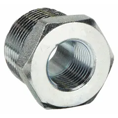 This straight pipe fitting is made of zinc-galvanized steel and rated Class 3000 for extreme-pressure applications. It connects or reduces line sizes in industrial piping systems, such as machining, hydraulics, and pneumatics. No pre-applied thread sealant is included.