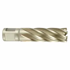 CLE-LINE Cobalt Annular Cutter, 7/8 in diameter, with a 2 in maximum cutting depth. Made from High Speed Steel-Cobalt with a Bright finish. Includes a pilot pin for alignment. Suitable for cutting precise holes in hard materials such as stainless steel and high-alloy metals in industrial fabrication and structural steelwork.
