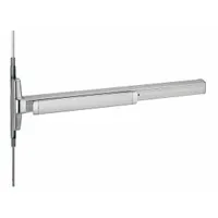 This VON DUPRIN exit device is a concealed vertical rod type with a Touchbar style, constructed of aluminum. It is designed for doors up to 3 ft wide, providing a clean appearance by integrating into the door edge. Suitable for commercial egress applications requiring concealed vertical rod hardware