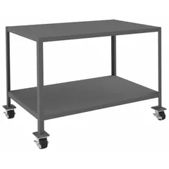 Fully assembled steel-top mobile worktable with a 48 x 30 inch powder-coated top and welded frame. Features four swivel locking casters with phenolic wheels for mobility. Fixed height design with 3,000 lb load capacity suitable for industrial workstations, assembly lines, and warehouse applications.