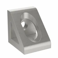 This aluminum inside corner bracket is designed for 45 Series structural framing systems. It features an anodized finish and measures 41 mm x 44.9 mm x 45 mm with two holes. Used to reinforce 90-degree inside corners in framing structures such as machine frames, workstations, and enclosures.
