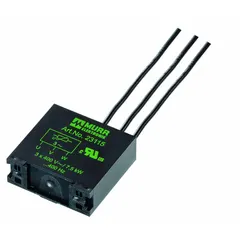 Box-mount varistor motor suppressor for AC motors, rated 20 kW at 400 V AC, 10 to 400 Hz. Features single-core connection with self-securing M4 cable forks and 200 mm cable length. Suppresses transient overvoltages in motor circuits.