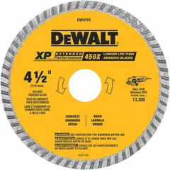 This 4-1/2 in diameter diamond blade features a turbo rim design for cutting concrete and asphalt. It operates in both wet and dry conditions and fits angle grinders with a 7/8 in arbor.