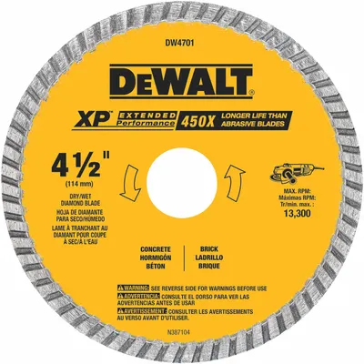 DEWALT Diamond Saw Blade: Masonry, 4 1/2 in Blade Dia., 7/8 in Arbor Size, Wet/Dry - Concrete & Asphalt-Cutting Blades
