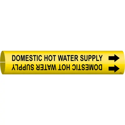 BRADY Pipe Marker: Domestic Hot Water Supply, Yellow, Black, Fits 3/4 to 1 3/8 in Pipe O.D. - Domestic Hot Water Supply Snap-On Pipe Markers