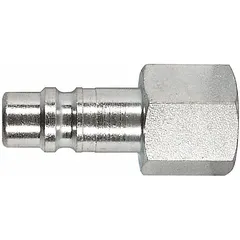 This steel quick-connect air coupling plug is designed for industrial interchange pneumatic systems. It features a 3/8" female FNPT connection with 3/8"-18 thread size and sleeve locking type. Suitable for connecting air tools and hoses in pneumatic applications. Sold as a 2-pack.