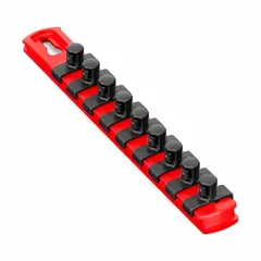 Red plastic socket rail with 9 posts for organizing standard sockets. Overall width 1 1/8 in. Includes I.D. stickers for labeling. Used in toolboxes, workshops, or service trucks to keep sockets sorted and accessible.