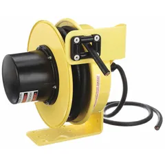 Hardwired self-retracting cord reel with 30 ft of 12 AWG SOOW cable terminating in bare wire. Rated for 600V AC and equipped with a ratchet lock mechanism to hold the cord at a desired length. Suitable for supplying power to equipment in workshops, factories, and maintenance areas where a fixed power drop is required.