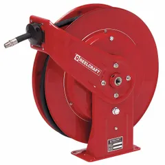 Spring-return hose reel with 25 ft hose capacity (3/4 in I.D.) and 3/4 in MNPT hose end configuration. Includes hose, stainless steel swivel, and red reel. Maximum operating pressure 300 psi. Suitable for dispensing and retracting fluids in industrial and automotive service bays.
