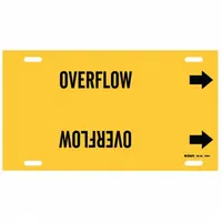 Yellow pipe marker with black legend text reading 'Overflow'. Designed for pipe outer diameters from 6 to 7-7/8 inches. Includes directional arrows. Suitable for identifying overflow lines in piping systems