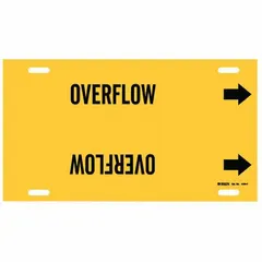 Yellow pipe marker with black legend text reading 'Overflow'. Designed for pipe outer diameters from 6 to 7-7/8 inches. Includes directional arrows. Suitable for identifying overflow lines in piping systems.
