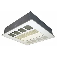 This recessed fan-forced electric ceiling heater provides overhead warmth for commercial and industrial spaces where wall or floor space is limited. It operates on 208V AC, 1 or 3-phase power, with selectable wattage outputs of 2500W, 3800W, or 5000W. The white housing measures 23-3/4 in x 23-3/4 in x 7 in overall.