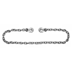 This recovery chain is made of grade 43 steel with a silver finish. It measures 5/16 in overall width and 20 ft overall length, featuring clevis grab hooks on both ends. Suitable for securing and binding heavy loads during transport in towing and recovery operations.