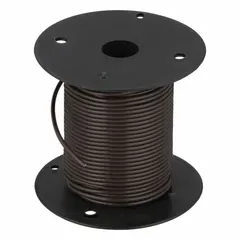 Single-conductor, 22 AWG primary wire with brown PVC insulation rated for 60 V. Supplied on a 100 ft spool. Used for low-voltage wiring in vehicles, trailers, and general electrical circuits such as lights, switches, and accessories.
