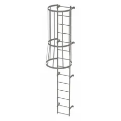 This steel fixed ladder with integrated safety cage is designed for vertical access to elevated platforms or equipment. The assembled single-section unit features 14 rungs and an 18 in overall width. Suitable for industrial environments requiring permanent access solutions.