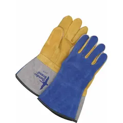 TIG welding gloves with premium deerskin leather palm and straight thumb design for dexterity. Gauntlet cuff in blue cowhide provides wrist protection. One size fits most. Sold as one pair.