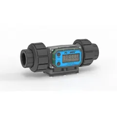 Inline turbine flowmeter with digital totalizer for water flow measurement. Features 1-inch FNPT connection, PVDF rotor, and 4-20 mA output. Accuracy +/-1% when used with a computer. Digital display shows flow in gallons. Suitable for industrial water monitoring and process control applications.