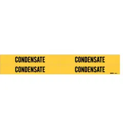 Yellow adhesive pipe marker with black legend reading 'Condensate'. Fits pipe outer diameters from 3/4 to 2-3/8 inches. Pack of 4 markers without arrows. Used to identify condensate lines in industrial piping systems.