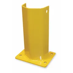This floor-mount steel pallet rack post protector is designed to shield upright posts from impact damage in warehouses and industrial facilities. It measures 8 in x 6 in x 18 in, is made of yellow steel, and is intended for bolt-on floor mounting.