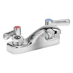 Centerset handle bathroom faucet with low arc spout, constructed of cast brass with polished chrome finish. Flow rate is 0.5 gpm. Suitable for lavatory applications in commercial and institutional settings.