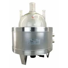 This metal-housed heating mantle integrates a built-in magnetic stirrer for combined heating and stirring of liquids in laboratory vessels. The aluminum housing withstands temperatures up to 400°C with a maximum power of 1300 W. It includes a 4 ft 2-wire cord with locking connector and requires a separate controller (model 60AG37) for operation.