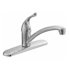 This MOEN Chateau kitchen faucet is constructed of brass and features a single-post, deck-mount design with three mounting holes. It has a flow rate of 1.5 gpm and is suitable for residential and light-commercial kitchen sink applications where a low-arc spout provides clearance for filling pots and cleaning.