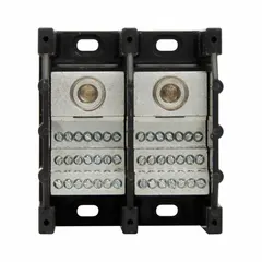 Open-style power distribution block with lugs for surface mounting. Aluminum construction. Line side wire sizes: 6 AWG – 350 kcmil. Used to distribute power from a single input to multiple outputs in industrial control panels, switchgear, and machinery.