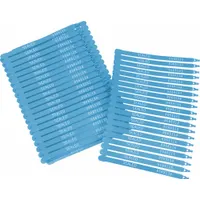 Plastic strap seals with a 7 1/2 in strap length and 1/4 in strap width. Breaking strength of 45 lb. White laser-marked sequential numbers and 'Sealed' message for tamper evidence and traceability. Pack of 100. Used for securing bags, pouches, or containers in industrial and logistics applications