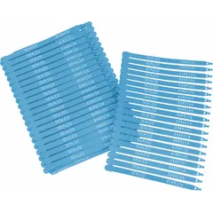 Plastic strap seals with a 7 1/2 in strap length and 1/4 in strap width. Breaking strength of 45 lb. White laser-marked sequential numbers and 'Sealed' message for tamper evidence and traceability. Pack of 100. Used for securing bags, pouches, or containers in industrial and logistics applications.