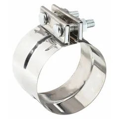 Band-type muffler clamp for securing exhaust system connections. Compatible with pipes up to 5 inches in diameter. Constructed from 304 stainless steel with an unfinished finish. Suitable for vehicle and industrial exhaust applications.
