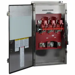 Fusible safety switch rated 400 A, three-phase, 240V AC. Housed in a 304 stainless steel enclosure suitable for indoor and outdoor use. Provides circuit disconnection and overcurrent protection for electrical distribution systems.