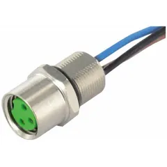 This M8 female front mounting receptacle is designed for signal and low-power applications in industrial automation and sensor connections. It features 4 pins, A-coding, a 1 m wire lead, 0.25 sq mm conductor, PP housing, and IP67 protection for harsh environments.