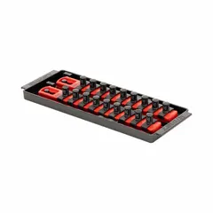 Red socket bit tray with 18 posts for organizing sockets. Overall width 3-5/8 inches. Includes 192 I.D. stickers for labeling. Suitable for use in tool storage systems in workshops and garages.