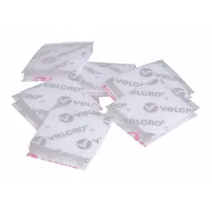 Pre-cut squares of hook-and-loop fastener, 1 inch by 1 inch, made of white nylon. Used for temporary or permanent fastening in cable management, signage, and light-duty mounting applications.