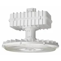 Round LED bay light delivering 19,734 lumens at 5000K color temperature. Operates on 347 to 480V AC and replaces 400W HPS/MH fixtures. Features a wide distribution pattern for mounting heights of 20 ft to 40 ft. Suitable for industrial and commercial high-bay applications.