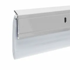 This door sweep seals the gap under a door to block drafts, dust, insects, and moisture. It measures 36 inches in length and 2-3/8 inches in width, with an aluminum body and white vinyl insert. Suitable for use in residential and light commercial buildings.