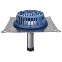 Replacement roof drain and roof drain body for flat-roof drainage systems. Cast iron dome with gasket connection. Includes stainless steel hardware. Overall dimensions: 18 1/2 in width, 18 1/2 in length, 17 in height.