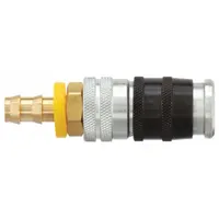 This steel quick-connect coupling body is designed for industrial interchange air systems. It features a 3/8 in male hose fitting and push-to-connect locking for fast, secure connections in pneumatic lines. Suitable for use in manufacturing, assembly, and maintenance environments
