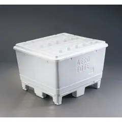 This VIKAN lid is made of white plastic and measures 41 1/4 by 37 1/4 inches. It is designed for use with the compatible VIKAN Model 6921 bulk container. Commonly used in industrial, agricultural, and food-processing settings to protect stored materials from dust and debris.