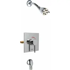 The CHICAGO FAUCETS SH-TP is a shower faucet with a fixed brass showerhead. It features a single-function operation and a flow rate of 2.5 gpm. Suitable for standard shower installations in commercial or residential settings.