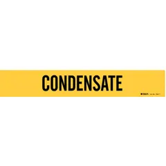 Yellow adhesive pipe marker with black legend reading 'Condensate'. Fits pipe outer diameters from 2-1/2 to 7-7/8 inches. Supplied as a single marker without arrows. Used for identifying condensate lines in piping systems.