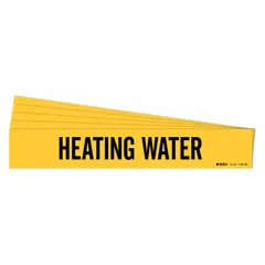 Yellow adhesive pipe marker with black 'Heating Water' legend, designed for pipes with outer diameter 8 inches and larger. Each pack contains 5 markers without directional arrows. Used to identify heating water piping in industrial and commercial facilities.